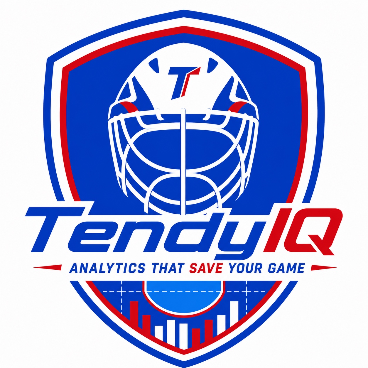 TendyIQ shield logo with goalie mask and performance graphs